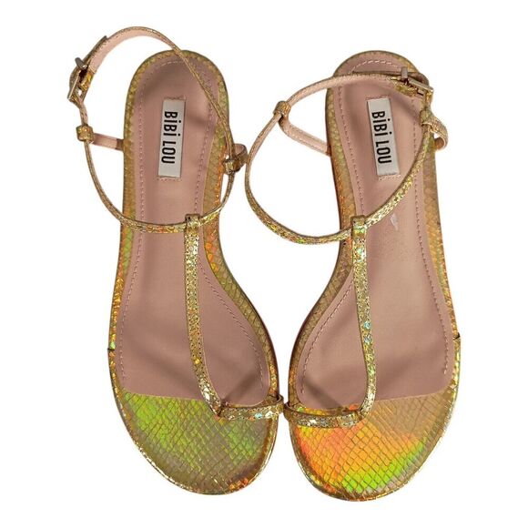 Bibi Lou Sandal Flat Toe Ring T-Strap Gold Snake Leather Women's 38/US 8 - Picture 2 of 7